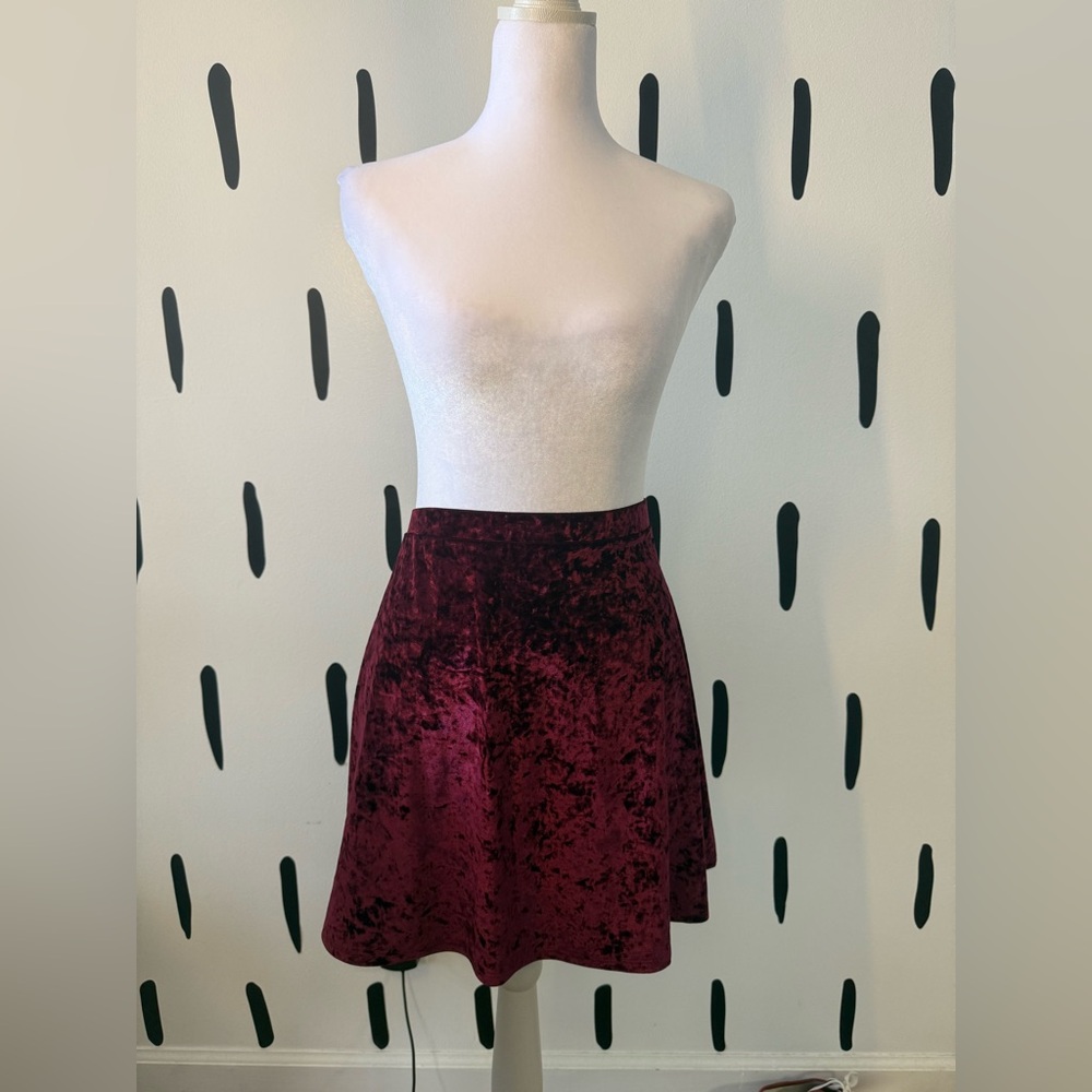 Express Crushed Velvet Skater Skirt - Burgundy